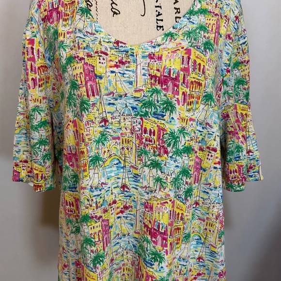 Talbots Multicolor Tropical Print Short Sleeve Top XL. Greece themed Thin - Picture 2 of 6